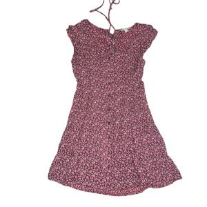American Eagle Floral Mini Dress Burgundy Lace Up Back Cutout Button Front Large